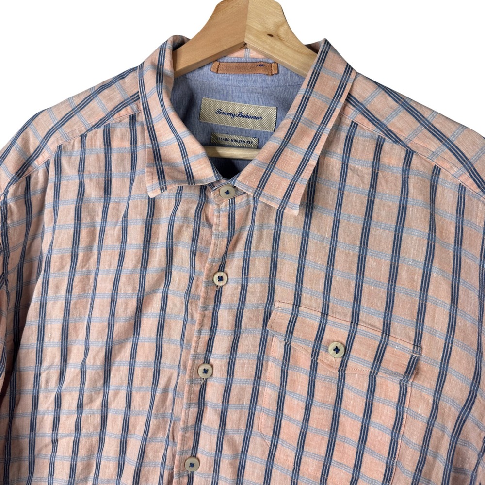 Tommy Bahama Island Modern Fit Linen Cotton Plaid Button Up Shirt XXL Peach Blue